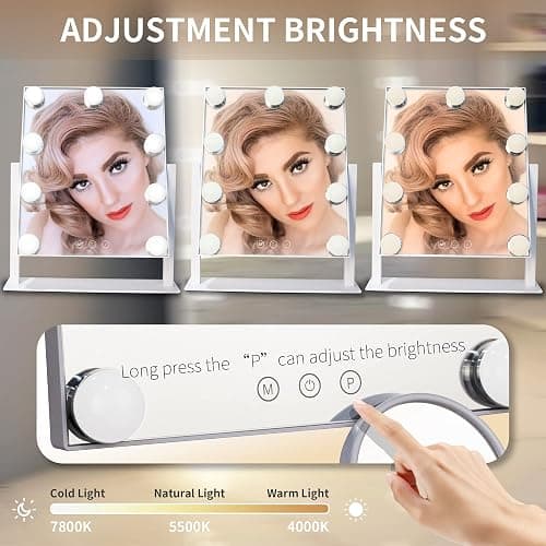 SLIMOON Hollywood Vanity Mirror with Lights, 9 Dimmable LED Bulbs Lighted Makeup Mirror with Detachable 10X Magnification Mirror, 1200mAh Rechargeable, 3 Color Lights, Gifts for Women Mom Teen Girls thumbnail 4