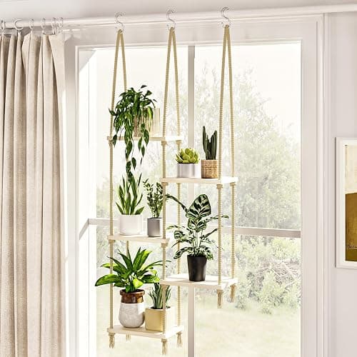 Bamworld Hanging Shelves Plant Hanger Indoor Window Plant Shelves Wood Plant Wall Shelf Window Sill Plant Shelf Indoor Hanging Plant Stand Living Room Decor Garden Boho Decor - Image 1