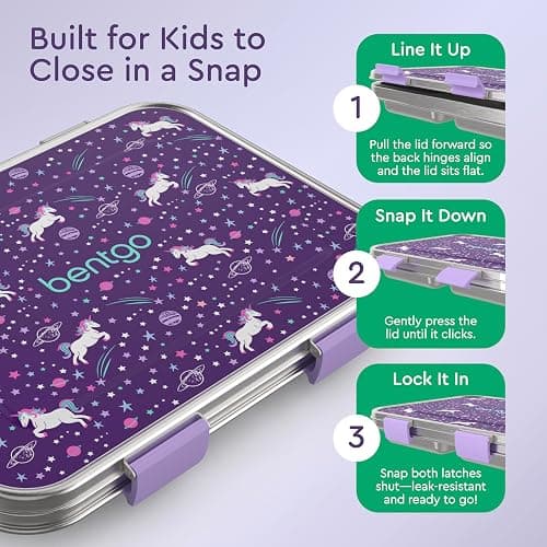 Bentgo Kids Stainless Steel Prints Leak-Resistant Lunch Box - 3-Compartments with Bonus Silicone Container, Durable, Eco-Friendly, Dishwasher Safe, BPA-Free, Ideal for School, Ages 3+ (Unicorn) thumbnail 6