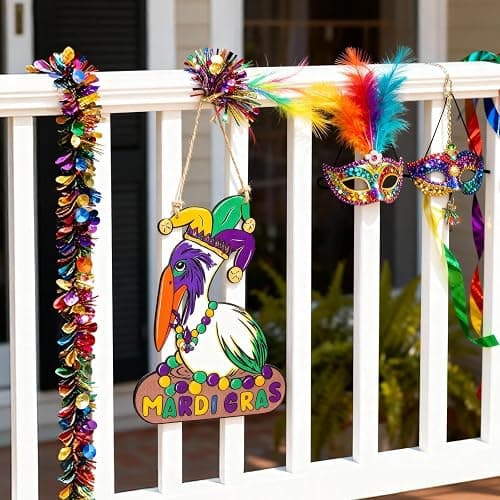 Mardi Gras Decorations, Wooden Pelican Sign for Mardi Gras Front Door Hanger, New Orleans Carnival Signs Decor Wreath Mantel Home Wall Porch for Holiday Hanging Decorations Outdoor Indoor thumbnail 8