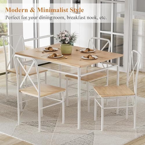 VECELO Dining Table Set for 4, 5-Piece Wood Kitchen Table with Chairs for Small Space, Breakfast Nook, Space-Saving, Natural White thumbnail 3