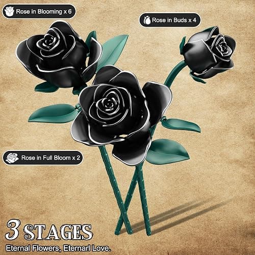 Black Roses Bouquet Building Set, 634Pcs Artificial Roses with 3 Blooming Stages, DIY Floral Home Office Decor for Women, Adults & Kids Ages 6+, Gift for Birthday Valentine's Day Halloween Christmas thumbnail 2