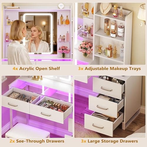 HUAHUU Vanity Desk with Mirror and Lights 3 Colors, 43.3" Makeup Vanity with Glass Top & RGB Light, White Vanity Table Set with Stool, 5 Drawers & Power Outlet for Bedroom Dressing Room thumbnail 8