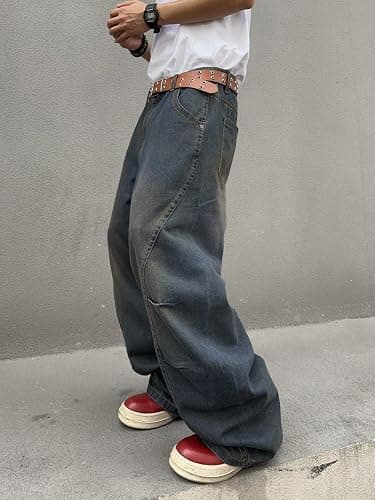 DFGIGT Men's Irregular Sutures Y2k Hip Hop Baggy Jeans Wide Leg Denim Pants Casual Loose Fit Trousers Streetwear thumbnail 4