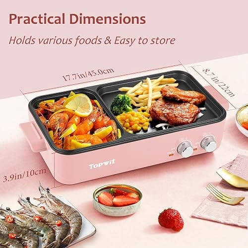 Topwit Hot Pot Electric with Grill, 2 in 1 Indoor Non-stick for Steaks, Shabu Shabu, Noodles, Simmer and Fry, Korean BBQ Grill, Independent Dual Temperature Control, Pink thumbnail 3