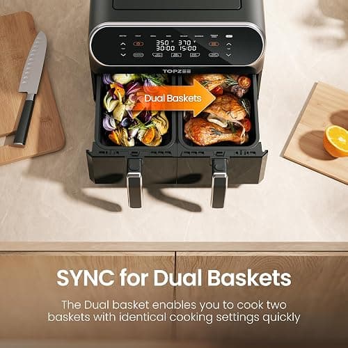 Topzee Dual Basket Air Fryer 8QT – Family Size Air Fryer with Dual Independent Zones, 8 Cooking Presets, Simultaneous Finish Mode, Viewing Windows, 90–400°F, Low-Oil Cooking, Black thumbnail 6