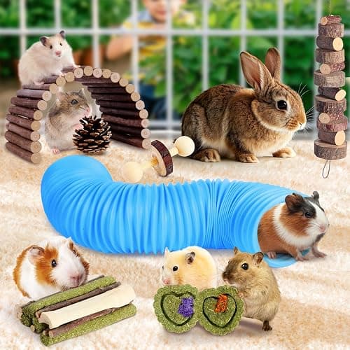 Kyouki Hamster Toys Guinea Pig Toys Set with Tunnel, Chewable Apple Wood & Natural Timothy Hay - Enrichment Chew Toys for Small Animals - 24+ Cage Accessories for Teeth Care & Boredom Relief (Blue) thumbnail 2