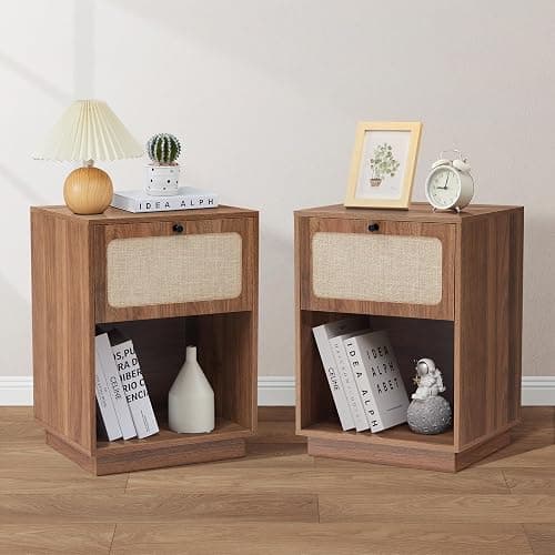 SUJOUCRAFT 16" Nightstands Set of 2, Mid-Century Vintage Wooden Night Stand with Drawer and Open Shelf, Linen Decor Farmhouse Side Table End Tbale for Bedroom, Dorm, Living Room (Walnut) - Image 1