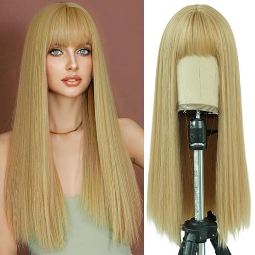 7JHH WIGS Blonde Wig With Bang For Women Long Straight Blonde Wig Synthetic Wig For Girl Emo Cosplay And Daily Use(23" Blonde - AA Blonde wig - Image 1