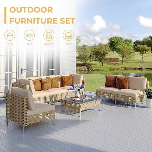 Grand patio 7-Piece Wicker Patio Furniture Set, Boho Outdoor Conversation Set Sectional Sofa with Water Resistant Thick Cushions and Coffee Table, Cream thumbnail 4