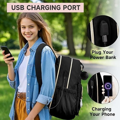 MATEIN Cute Laptop Backpack for Women, 15.6 Inch Corduroy Computer College Backpack with USB Charging Port, TSA Lightweight Aesthetic Back Pack Travel Laptop Daypack for Work Nurse Teacher Gift, Black thumbnail 2