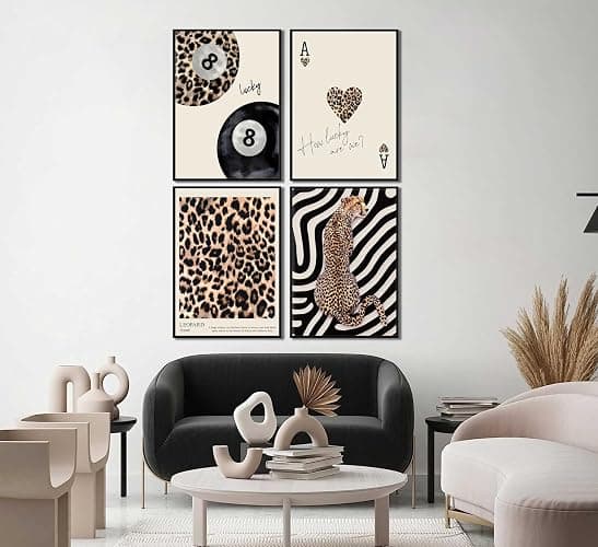 4Pcs Trendy Leopard Canvas Wall ArtCheetah Preppy Aesthetic Room Wall Decor Chic Leopard Ace Card Posters Prints Funky Lucky 8 Ball Painting Pictures for Girls Bedroom Apartment Dorm Unframed thumbnail 2