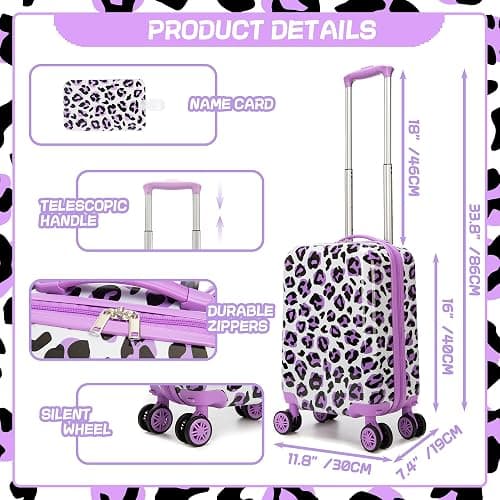 Inprof Kids Luggage with Spinner Wheels Carry on Suitcases for Girls 2 Piece Luggage Sets 16" Toddler Suitcase for Kids Rolling Suitcase Airline Approved (Purple Leopard) thumbnail 2