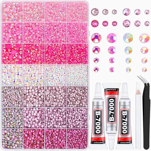20000Pcs Pink Rhinestones for Bedazzling with 3Pcs B7000 Jewelry Glue, Resin Rhinestones for Crafting Crafts，Bedazzler Kit Flatback Gems for Clothing Shoes Tumblers Nail Art - Image 1