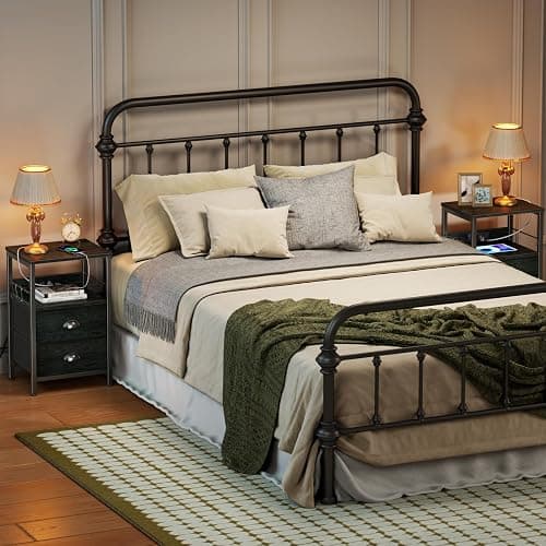 Furologee Nightstand Set of 2, Black Oak, with Charging Station and USB Ports, Side Tables with 2 Fabric Drawers, Bedside Tables with Storage Shelf & Hooks, for Living Room/Bedroom thumbnail 5