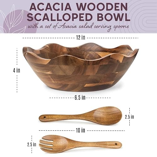 Wood Salad Bowl with Serving Utensils - Large Scalloped Decorative 12" Acacia Wooden Mixing Bowls Set with Spoons - Handcrafted Farmhouse Kitchen Serveware for Fruit, Pasta, Snacks and Home Decor thumbnail 3