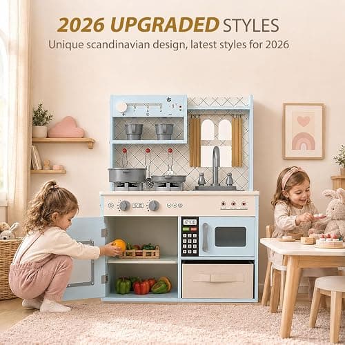 BIERUM Play Kitchen w/Realistic Lights, Sounds, Pretend Play Set for Kids | Interactive Wooden Kitchen with Coffee Maker & Microwave, 24 Pcs Toy Food & Cookware Accessories, Toddlers Gift for Ages 3+ thumbnail 5
