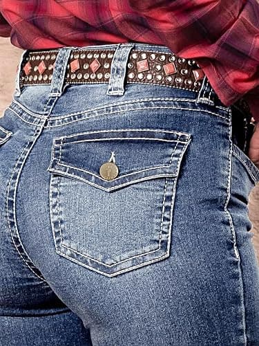 Flamingals Women's Buttoned Hem Bootcut Jeans Without Belt Mid Waist Casual Pants Navy Blue thumbnail 3