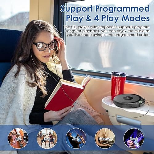 Gueray CD Player Portable CD Dsicman: with Earphones for Car with Anti-Skip Shockproof with LCD Display Support PROG Memory Repeat Function (Black) thumbnail 4