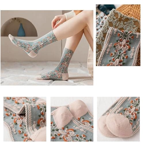 DXYAKY 5 Pairs Womens Floral Cotton Socks Vintage Patterned Crew Socks Novelty Ankle Ruffled Warm Casual Dress Socks thumbnail 7