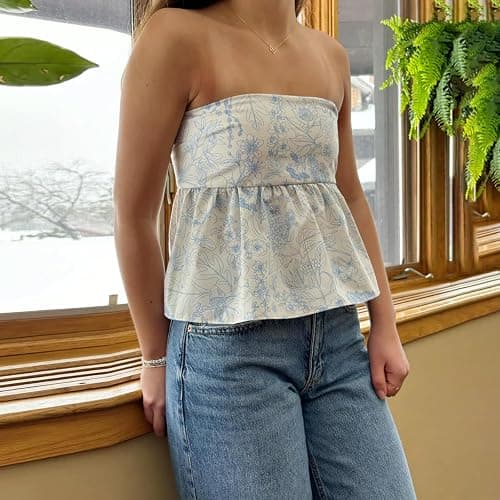 Women Y2k Tube Tops Strapless Floral Bandeau Vest Sexy Tie Up Sleeveless Backless Cute Tops Summer Grunge Clothes thumbnail 3