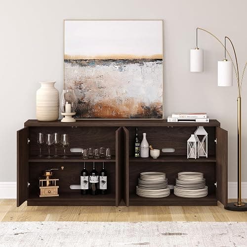 Henn&Hart 68" Fluted Sideboard Buffet Cabinet, Modern Ribbed Wooden Credenza with 4 Doors, Adjustable Shelves, and Cable Management Cut-Outs for Dining Room, Living Room or Entryway, Warm Brown thumbnail 6