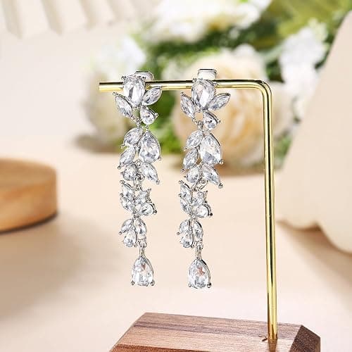Jstyle 4 Pairs Silver Clip on Earrings for Women Elegant Rhinestone Clip on Earrings Dangle Drop for Brides Bridesmaids Non Pierced Earrings Set thumbnail 4