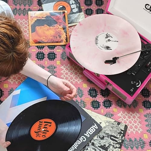 Vintage Bluetooth Suitcase Record Player with Built-in Speakers, 3 Speed Portable Turntable with USB Vinyl Audio Recorder RCA AUX-in & Headphone Jack (Pink) thumbnail 5