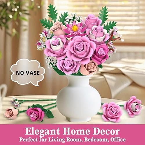 Pink Rose Bouquet Flowers Building Set, 834Pcs Roses Artificial Flowers Botanical Collection Compatible with Lego Flowers for Adults Christmas Anniversary Valentines Day Gifts for Mom Her Women thumbnail 6