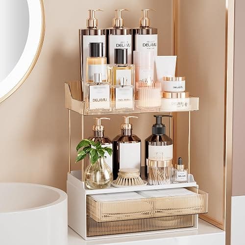 Delamu 4-Tier Makeup Organizer, Bathroom Counter Storage, 2 Drawers, Amber | Elegant Vanity Organizer Gift for Women, Holds Perfume, Skincare, Nail Polish & Hair Accessories for Bathroom Countertop - Image 1