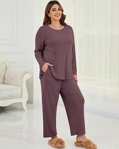 ZHUHOUSE Womens Plus Size Lounge Pajamas 2 Piece Pj Sets Soft Long Sleeve Ribbed Tops Wide Leg Pants with Pockets thumbnail 2