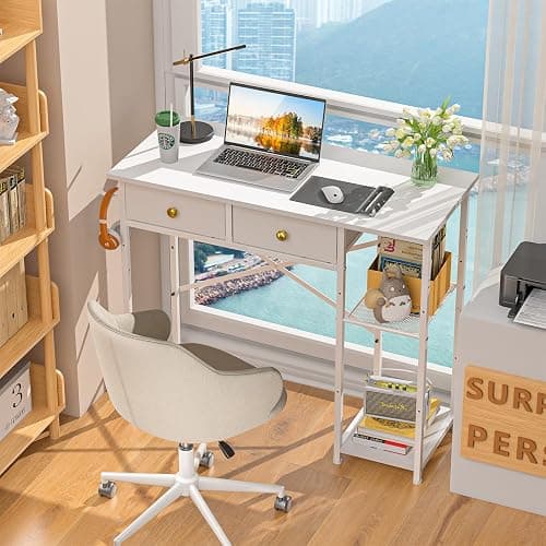 DAOUTIME White Computer Desk, 36 Inch Small Desk with Drawers, Home Office Desk with Storage Shelves for Bedroom, Living Room, Dorm, Vanity Desk for Small Spaces, White thumbnail 3