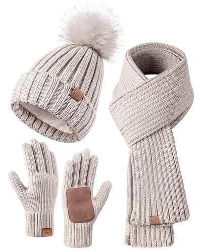 Winter Beanie Hat Scarf Gloves Set for Women, Womens Beanie with Pom Pom Long Scarf Neck Warmer Touchscreen Gloves 3 in 1 Set - Image 1