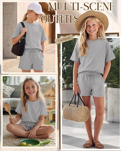 Mumucove Girls' 2 Piece Outfits 5-14 Years Loose Sets Kids Short Sleeve Drop Shoulder T-shirt Drawstring Shorts with Pockets thumbnail 3