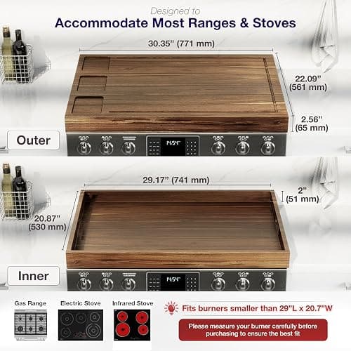 BLUEWEST Noodle Board Stove Cover with Handles, 3 in 1 Wood Stove Top Covers Board for Gas Burners and Electric Stove, Wooden RV Stovetop Cover, Tray for Kitchen Counter Space with Juice Grooves thumbnail 2