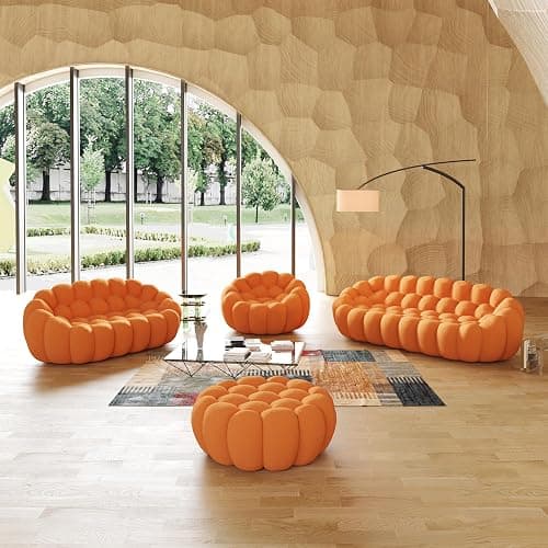 JACH Bubble Sofa Curved Couch Set, Comfy Upholstered Sofa, Mesh Fabric 3D Honeycomb Shape Modern Couches for Living Room, Apartment (Orange, 1 Seater, 2 Seater, 3 Seater, Ottoman) - 1+2+3 Seater & Ottoman - Orange thumbnail 5