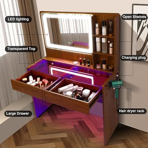 Cielozen Vanity Desk，Transparent Desktop, Multiple Color Ambient Lights, with Mirror and Tri Color Light Strip, Dressing Table with Charging Station, Equipped with 2 Drawers, Peach Colored thumbnail 3