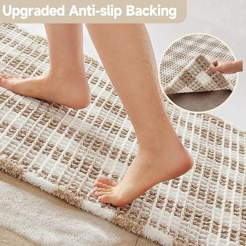 TYUU Waffle Bath Mat, Boho Bathroom Rugs Non Slip Washable Absorbent Checkered Bathroom Mat Quick Dry Farmhouse Bathroom Decor, 30"x20" Khaki and White thumbnail 4