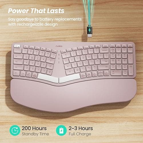 Nulea RT05 Wireless Ergonomic Keyboard, Split Keyboard with Wrist Rest, USB-C Charging, 7-Color Backlight, Natural Typing, Bluetooth and USB Connectivity, Compatible with Windows,Mac(Pink) thumbnail 3