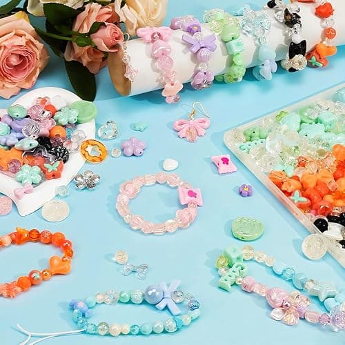 450PCS Acrylic Beads for Bracelet Making, Assorted 6 Colors Cute Beads, Flower Bow Candy Bear Kawaii Bracelet Charms for Jewelry Making, Necklace Keychains Phone Charms DIY Crafts Gifts thumbnail 2