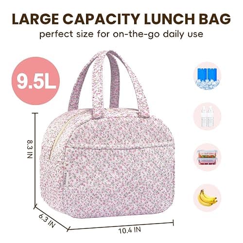 WOBAGMEN Quilted Lunch Box for Women,Cute Pink Floral Lunch Bags for Work, School,Office,Picnic,Travel (pink floral) thumbnail 3