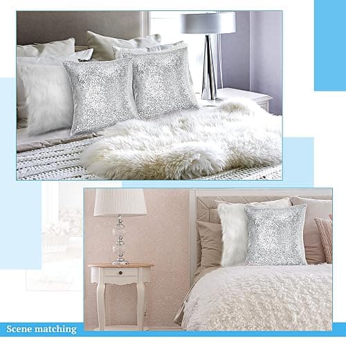 Irenare 4 Pcs Sequin and Fluffy Pillow Covers Winter Throw Pillow Cases Soft Cushion Cover for Couch Bed Sofa Xmas Day(18 x 18 Inch,White, Silver) thumbnail 6