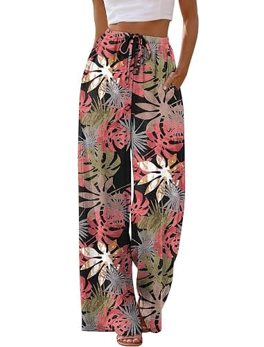 Sampeel Wide Leg Pants for Women Flowy Palazzo Drawstring Elastic Waist Trousers with Pockets Summer Beach Vacation Clothes thumbnail 2