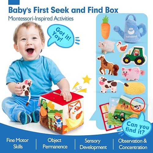 hahaland Baby Seek and Find Sensory Farm Animals Plush - 13 PCS Whats Inside Box with Rattle Crinkle Squeaker 9 Month Old Baby Toys 6-12 Months Montessori Toys for 6 Month Old Gifts Stocking Stuffers thumbnail 3