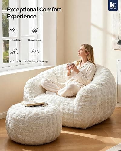 KINGYES Giant Bean Bag Chair, Fluffy Bean Bag Chair with Armrest, Memory Foam Beanbag for Adults, Beige(Pillow not Included) thumbnail 9
