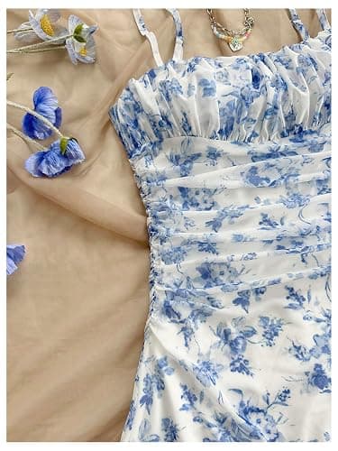 SHENHE Girl's Floral Ruched Spaghetti Strap Sundress Mesh A Line Flowy Boho Mini Dress thumbnail 5