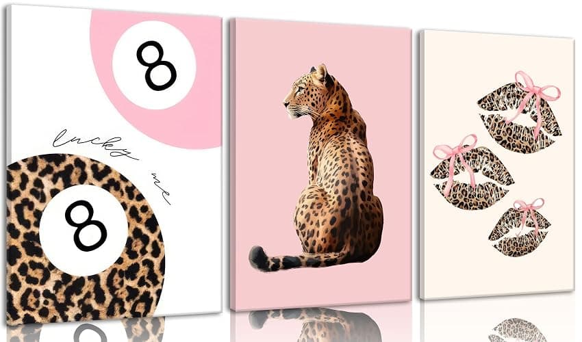 3pcs Pink Cheetah Wall Art Preppy Leopard Wall Decor 12x16in Framed | Leopard Bow Print Painting Lucky 8 Ball Poster Fashion Aesthetic Picture for Girly Bedroom Dorm Apartment - Image 1