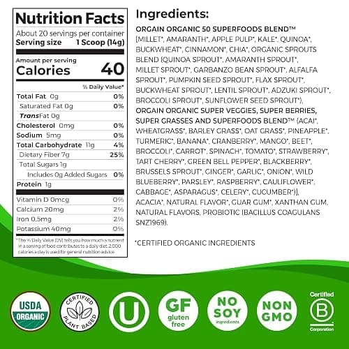 Orgain Organic Greens Powder + 50 Superfoods, Original - 1 Billion Probiotics for Digestive Health, Antioxidants, Vegan, Plant-Based, Gluten-Free, Non-GMO, Green Juice & Smoothie Drink Mix - 0.62lb thumbnail 2