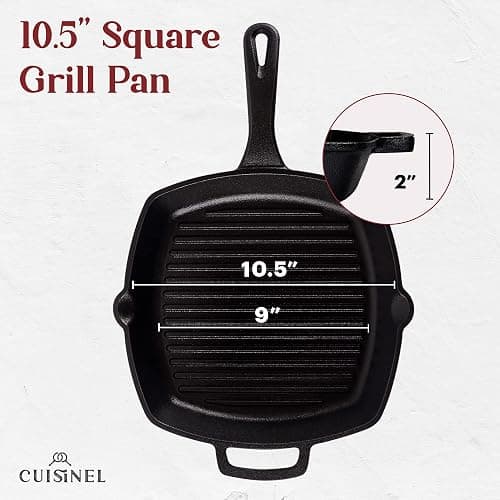 Cuisinel Cast Iron Grill Pan + Rectangular Cast Iron Grill Press + Tempered Glass Lid + Pan Scraper – Pre-Seasoned Ribbed Skillet – 10.5"-Inch Square Grilling Indoor/Outdoor Camping Fire BBQ Cookware thumbnail 5