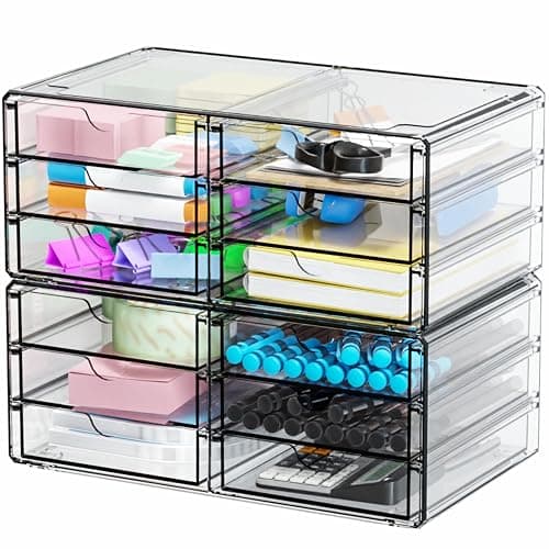 Yieach 2 Pack Acrylic Storage Drawers With 12 Small Drawer,Stackable Office Cabinet Organizer and Makeup Organizer,Clear Plastic Drawers for Craft Supply,Pen,Stationary,Accessory,Makeup,Desk Organizer thumbnail 6